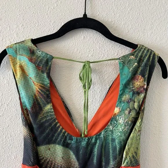 Eva Franco Anthropologie Dress Size 4 Succulents Green Orange Tie Back Western - Picture 8 of 16